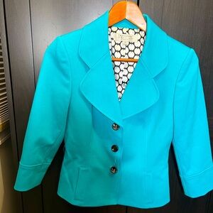 Tahari ASL Turquoise Blue Blazer Size 4P Scalloped and Curvy Lapels